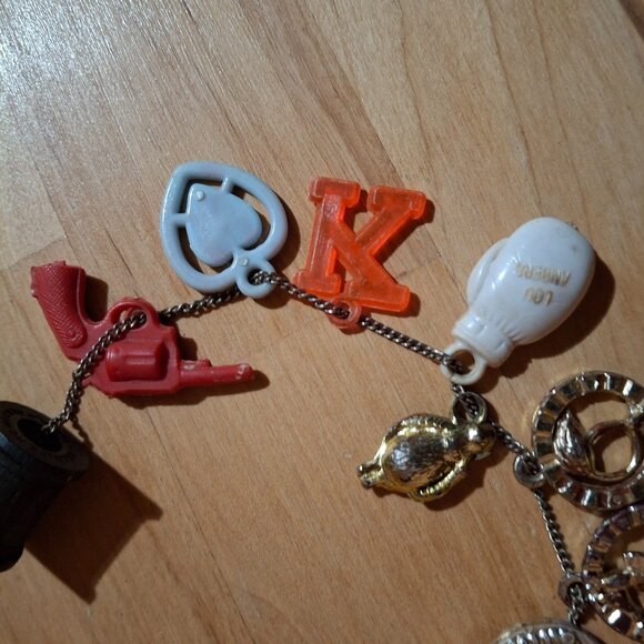 Vintage 1980s Plastic Charms Chain Necklace 16 Charms, Bears, sword,etc - Picture 4 of 7